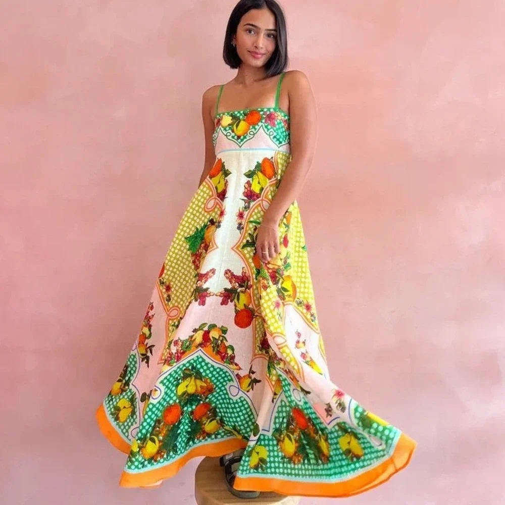 ALÉMAIS Alemais Lemonis Sundress Citrus Print Linen Midi Dress Size 12 - Picture 1 of 12